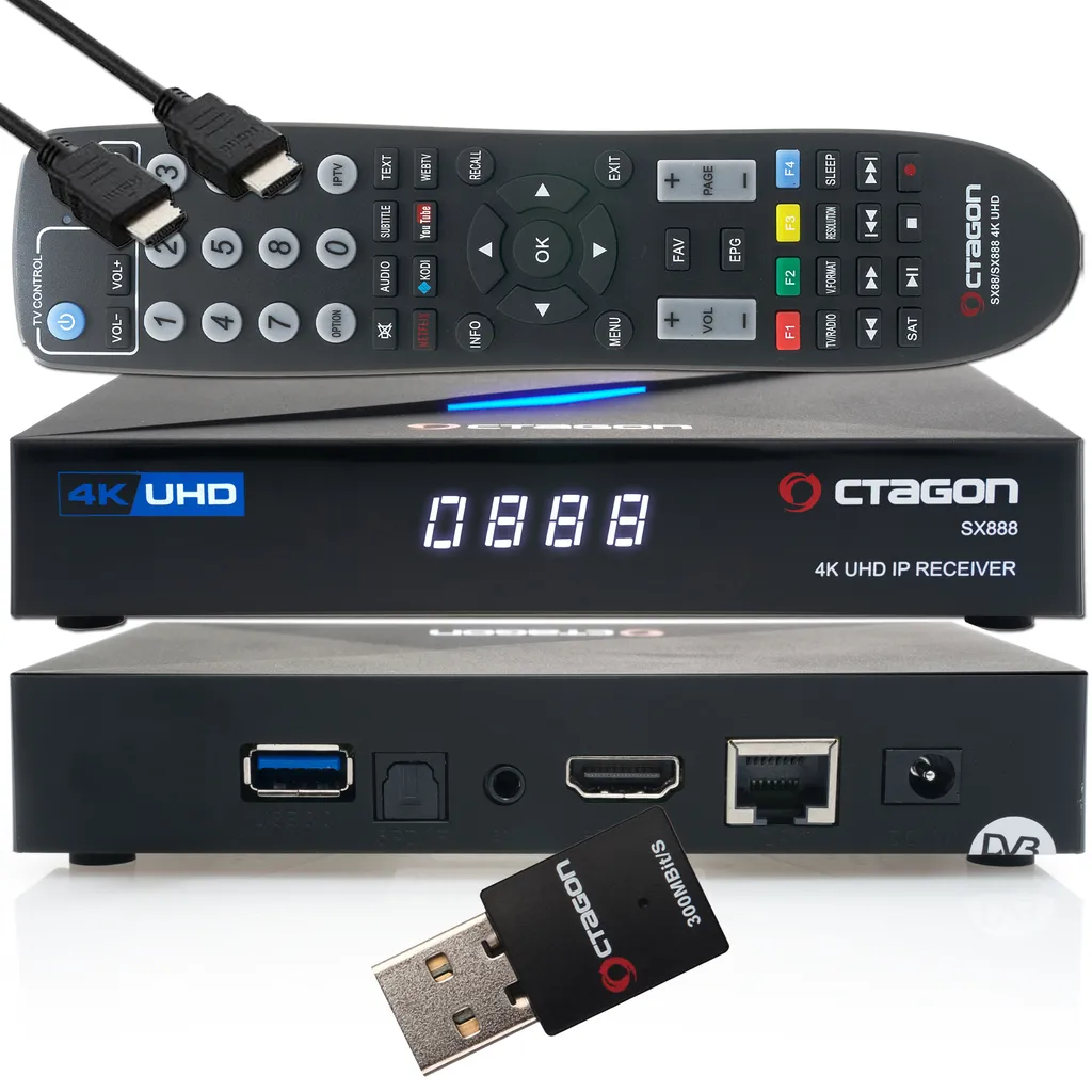 Récepteur Satellite IP 4K H.265 OCTAGON SX888 avec WiFi Stick 300 Mbps