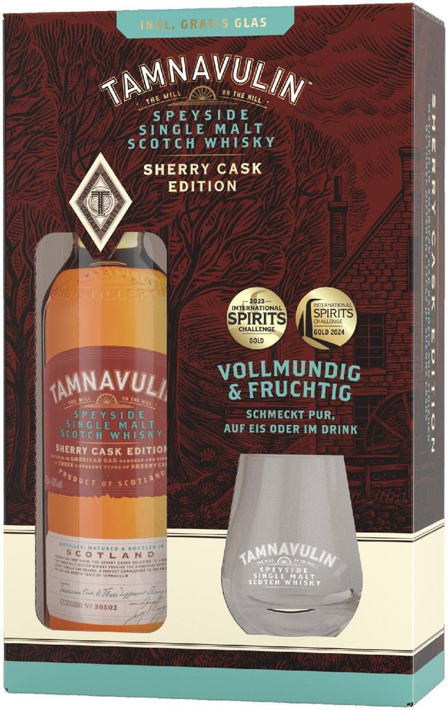 Tamnavulin Speyside Singla Malt Scotch Whisky | Sherry Cask Edition | 0,7 l. Flasche im Geschenk-Pack mit Glas