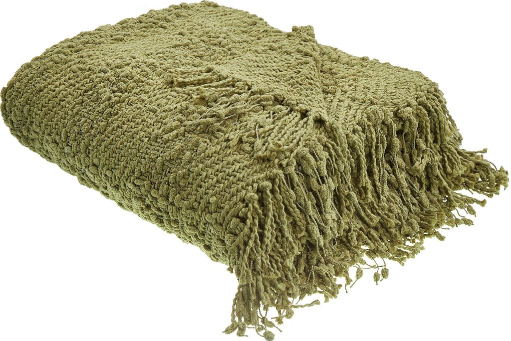 BELIANI Decke Olivgrün aus Baumwolle Acryl 200 x 220 cm mit Quasten Fransen Tagesdecke Kuscheldecke Wohndecke Wohnaccessoires Wohnzimmer Schlafzimmer