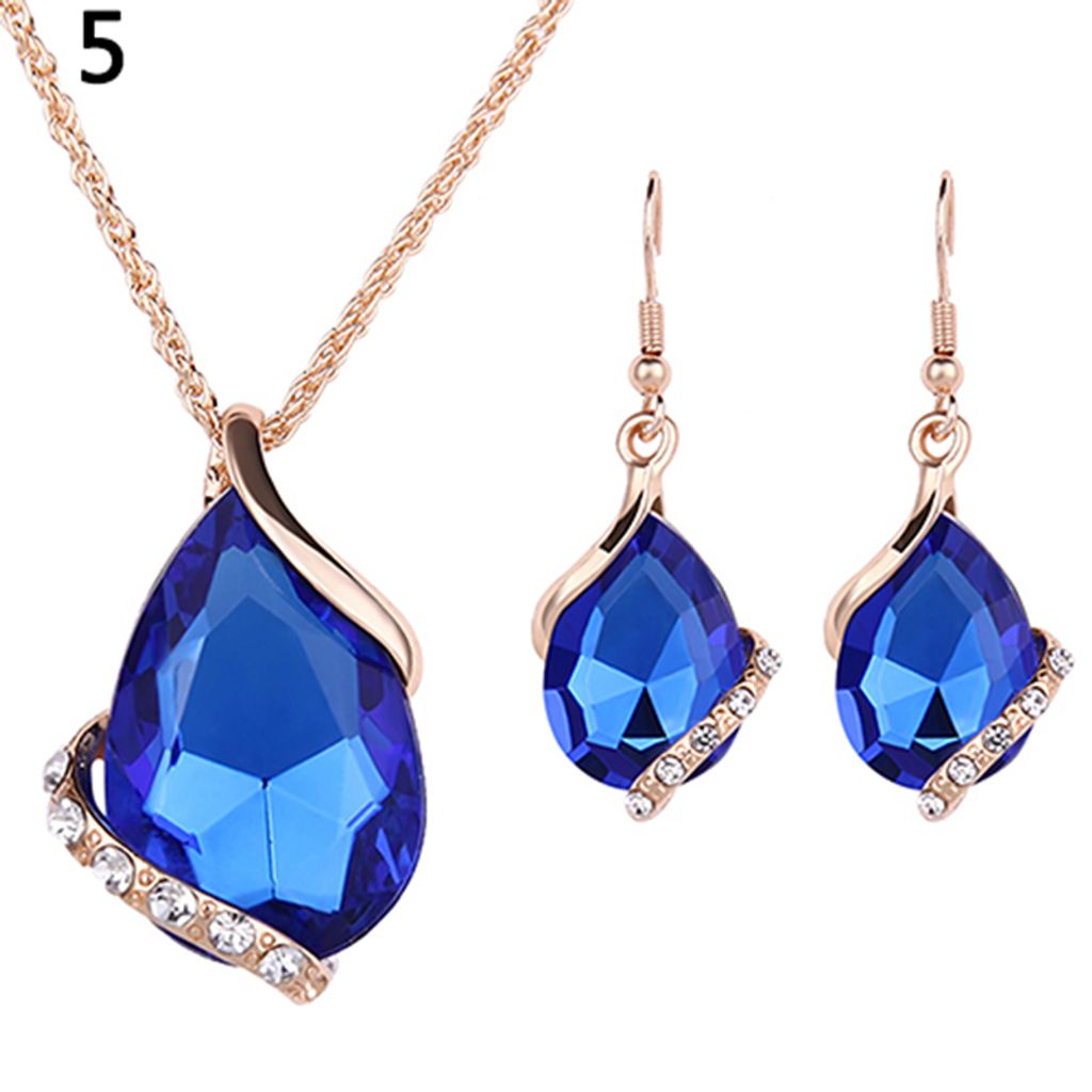 1 Set Frauen Halskette Ohrringe Glänzenden Strass Intarsien Schmuck Dame Faux Kristall Halsband Kette Halskette Tropfen Ohrringe für Party-Saphir...