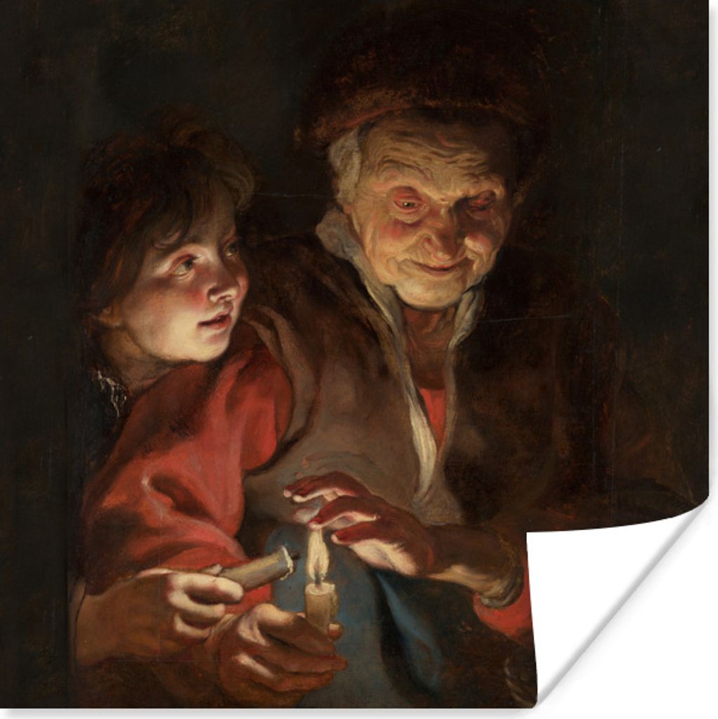 MuchoWow Poster Alte Frau und Junge mit Kerzen - Gemälde von Peter Paul Rubens 75x75 cm - Wand Dekoration