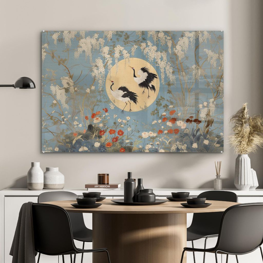 MuchoWow Glasbilder - Bilder auf Wandbild - Foto auf Glas Kraniche - Mond - Blumen - Blau 120x80 cm Wanddekoration aus Glas - Acrylglasbild - Acryl...