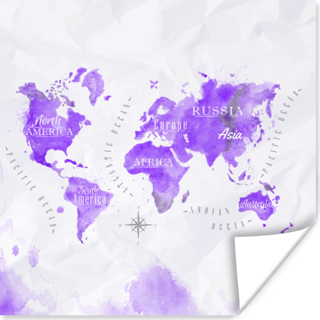 MuchoWow Poster Weltkarten - Ölfarbe - Violett 75x75 cm - Wand Dekoration