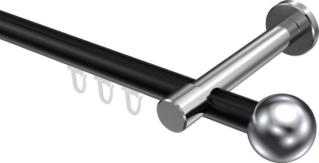 Interdeco Innenlaufstange / Gardinenstange mit Innenlauf Schwarz / Chrom, Typ Prestige Luino (Kugel), 20 mm Ø 1-läufig, 600 cm
