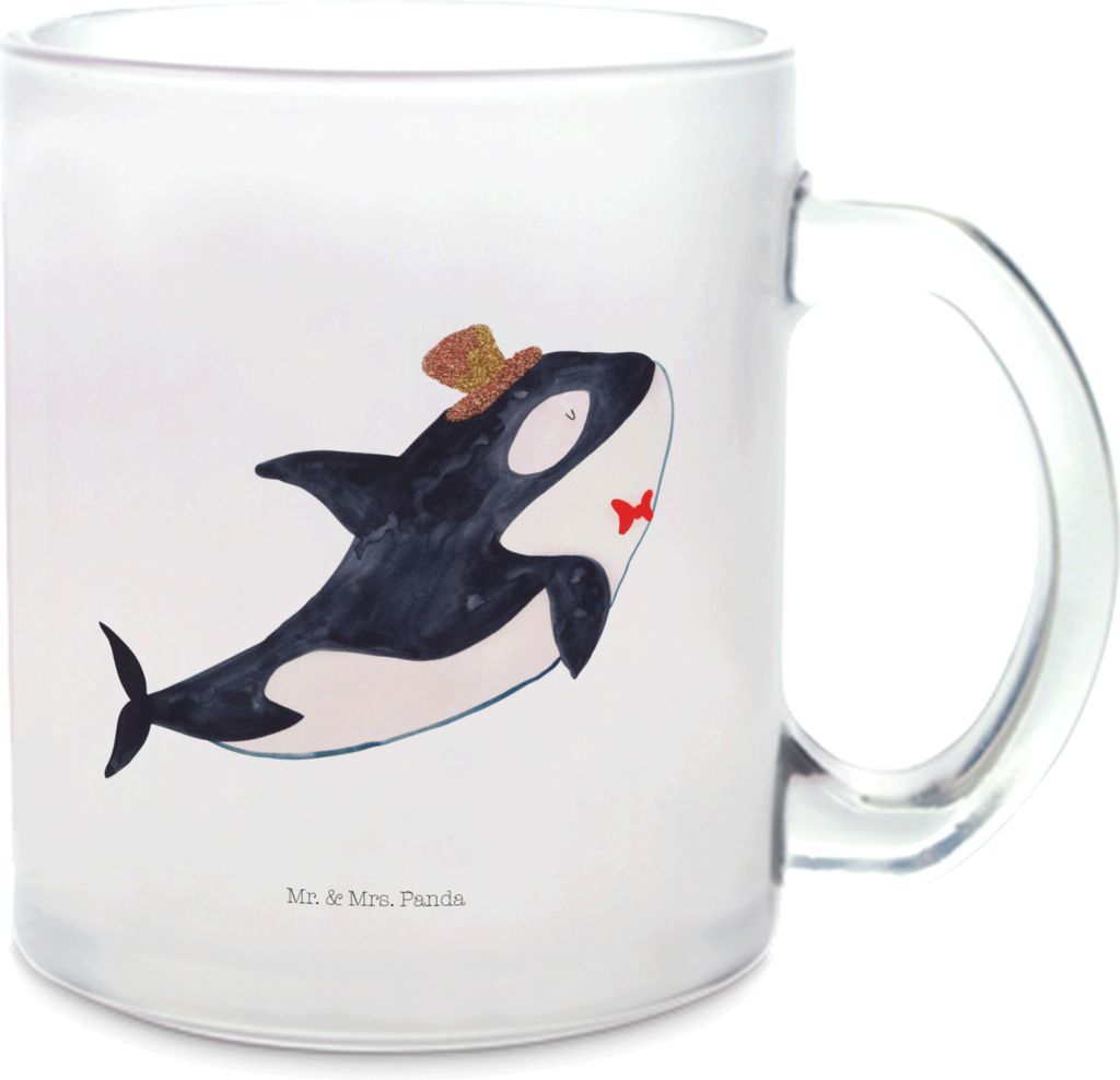 Mr. & Mrs. Panda Teetasse Orca Zylinder - Transparent - Geschenk, Pott, Glitzer, glastasse, aus Glas, Meer, Glasbecher, Feier, Trinkglas, Fest, Nar...