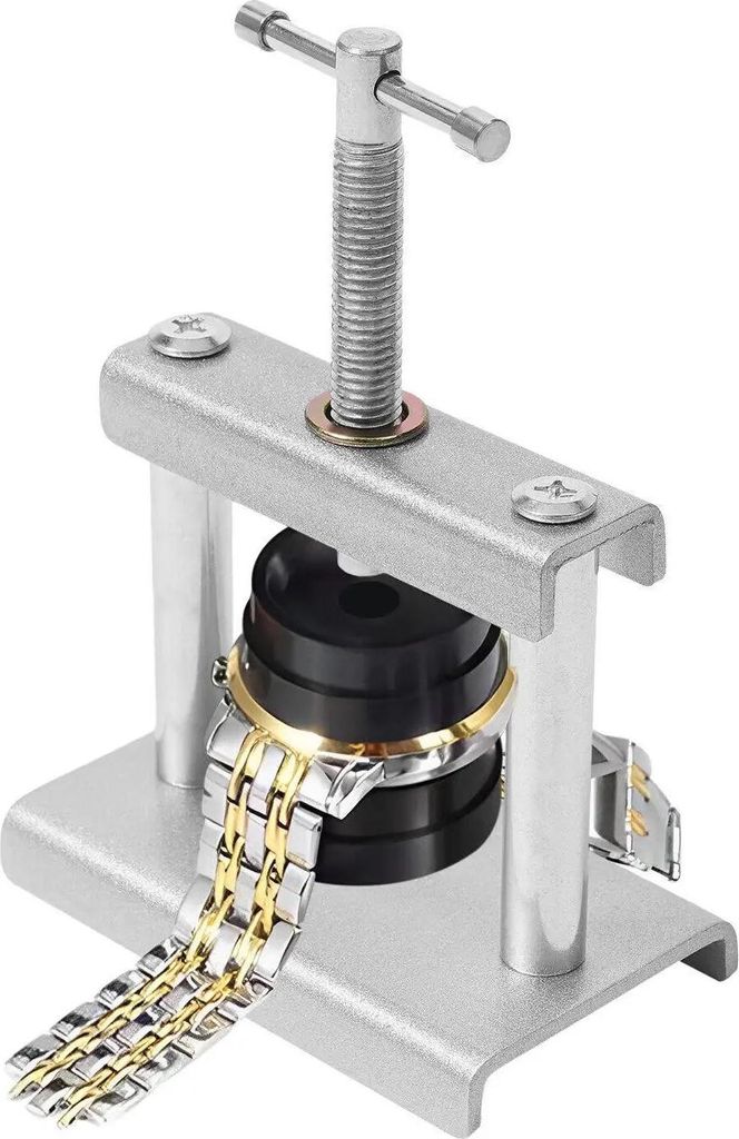 Uhrenpressen Werkzeugset - Gehäusepresse - Einsätze: 12 Runde + 6 Rechteckige - Eisen & ABS - Tragbar - Gewicht 0,5 kg - Silber