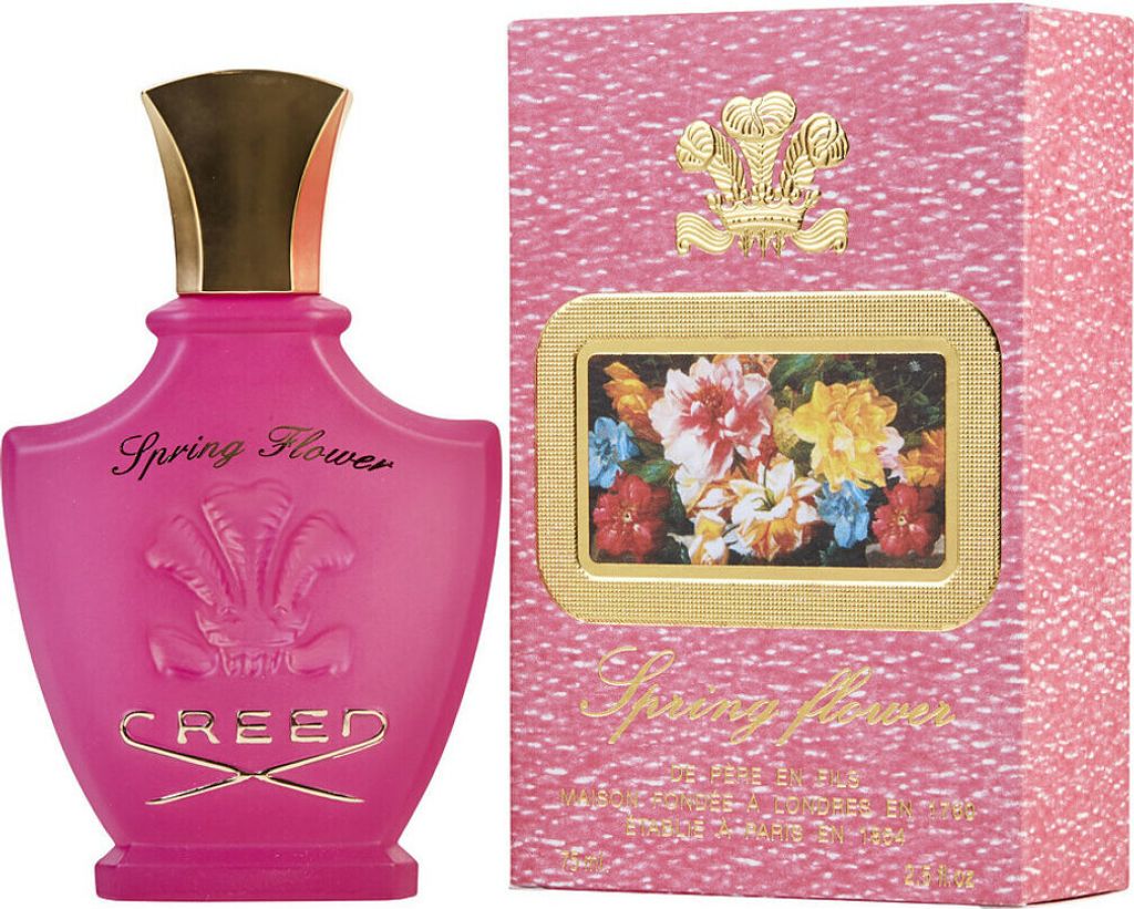 A pink bottle of Creed Spring Flower Eau de Parfum for women and its matching pink box with a floral illustration.