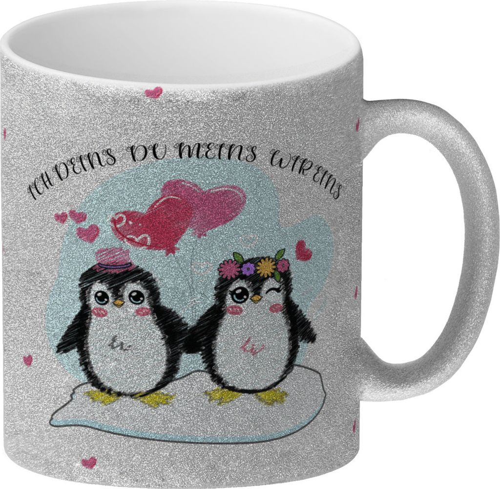 Pinguin Pärchen Glitzer-Kaffeebecher mit Spruch