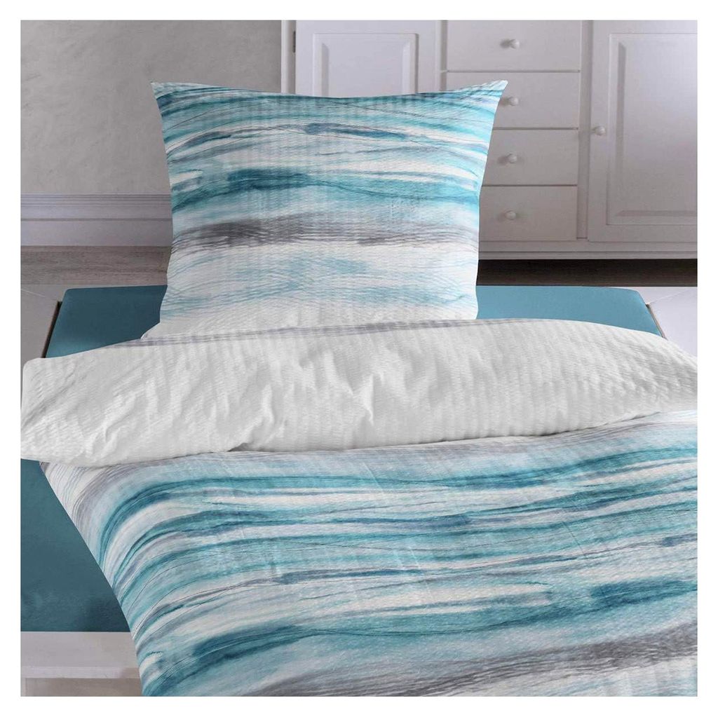 Seersucker Bettwäsche Set -Bügelfrei- Erfrischendes Wellendesign in türkis grau mit Reißverschluss 135x200 cm + 80x80 cm