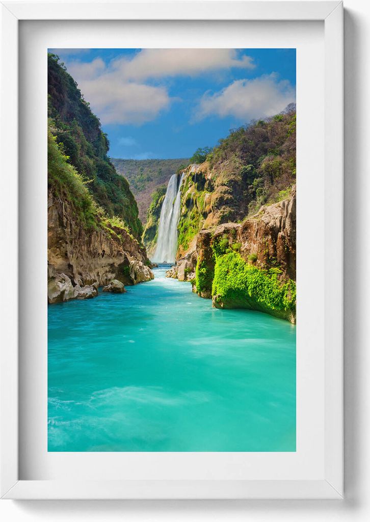 Tropischer Wasserfall und Fluss– Wandbild mit Rahmen – Gerahmtes Bild – Wanddekoration – 40x60 cm – Weiß