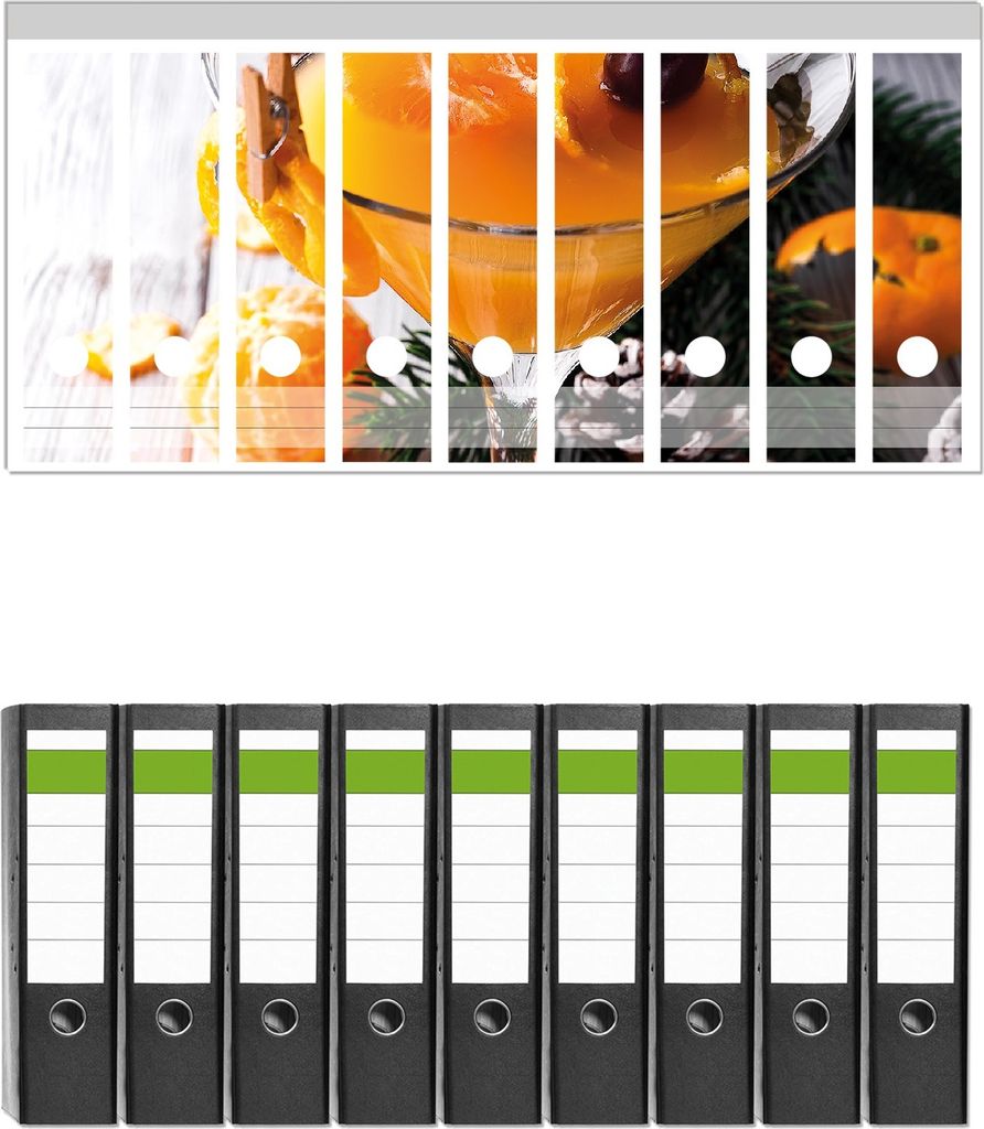 Wallario 9 Stück breite Ordner inkl. Klebeetiketten mit Motive Winterlicher Cocktail in orange - Set mit Rückenschildern / Ordnerrücken Stickern