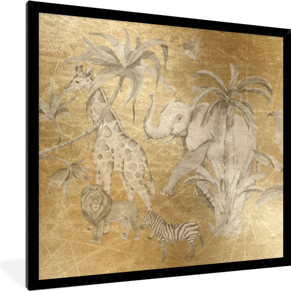 MuchoWow Gerahmtes Poster Dschungel - Kinder - Gold - Tiere 40x40 cm - Poster mit Schwarzem Bilderrahmen Wandposter Rahmen Foto Bilder - Mit Rahm...