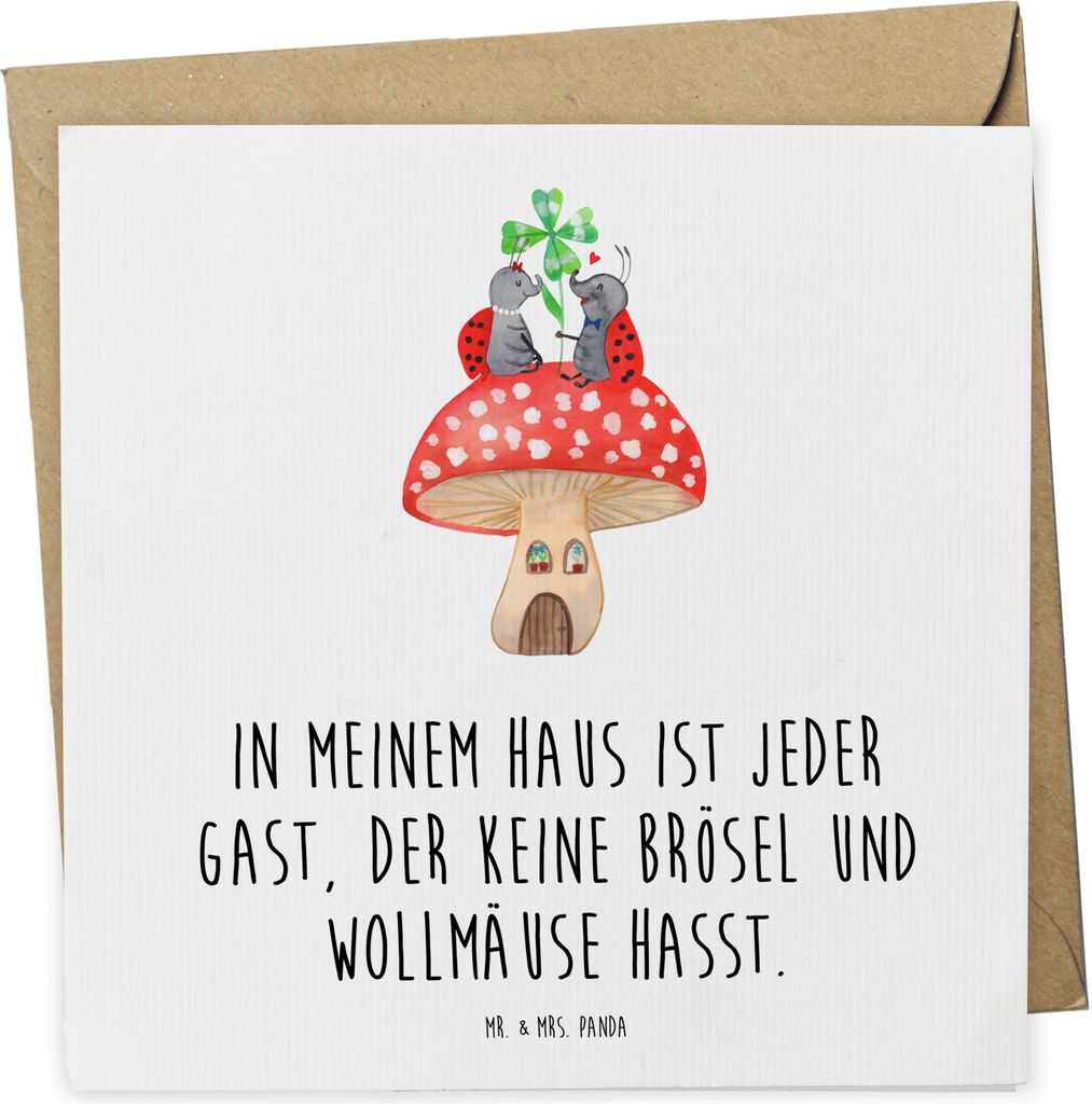 Mr. & Mrs. Panda Grußkarte Marienkäfer Fliegenpilz - Weiß - Geschenk, Klappkarte, Haus, Fleigenpilzhaus, Glückwunschkarte, anlasskarte, faltkar...