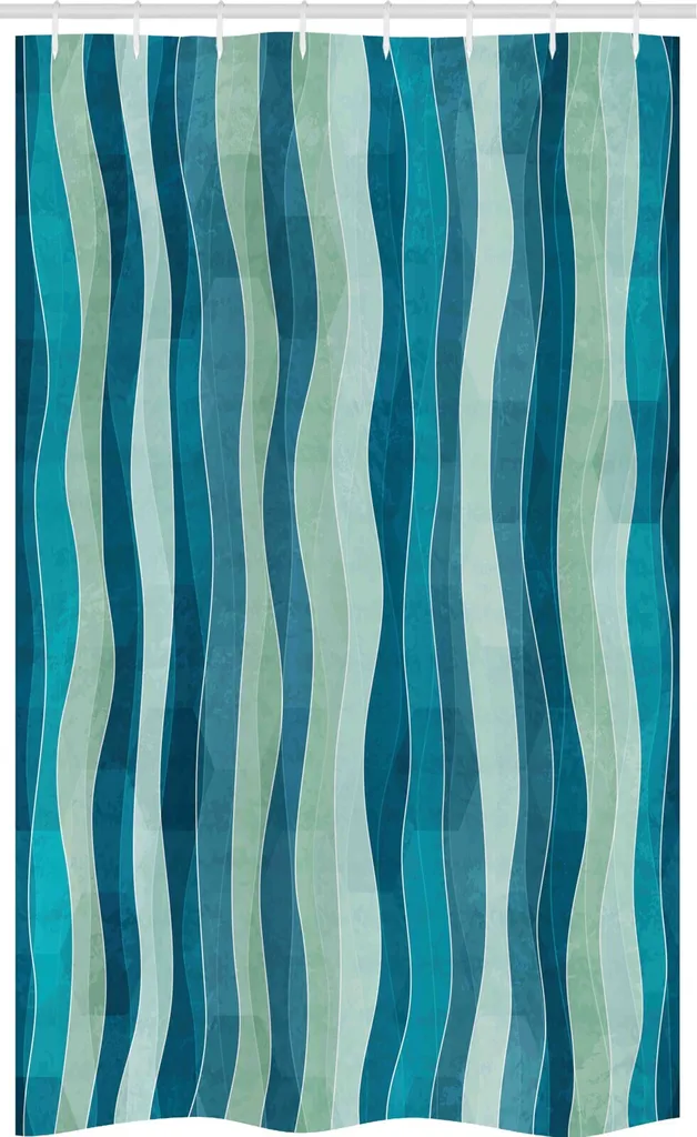 ABAKUHAUS Tenda da doccia astratta stretta, motivo a onde grunge, set decorativo per bagno in tessuto con ganci, 120 x 180 cm, blu e verde mandorla