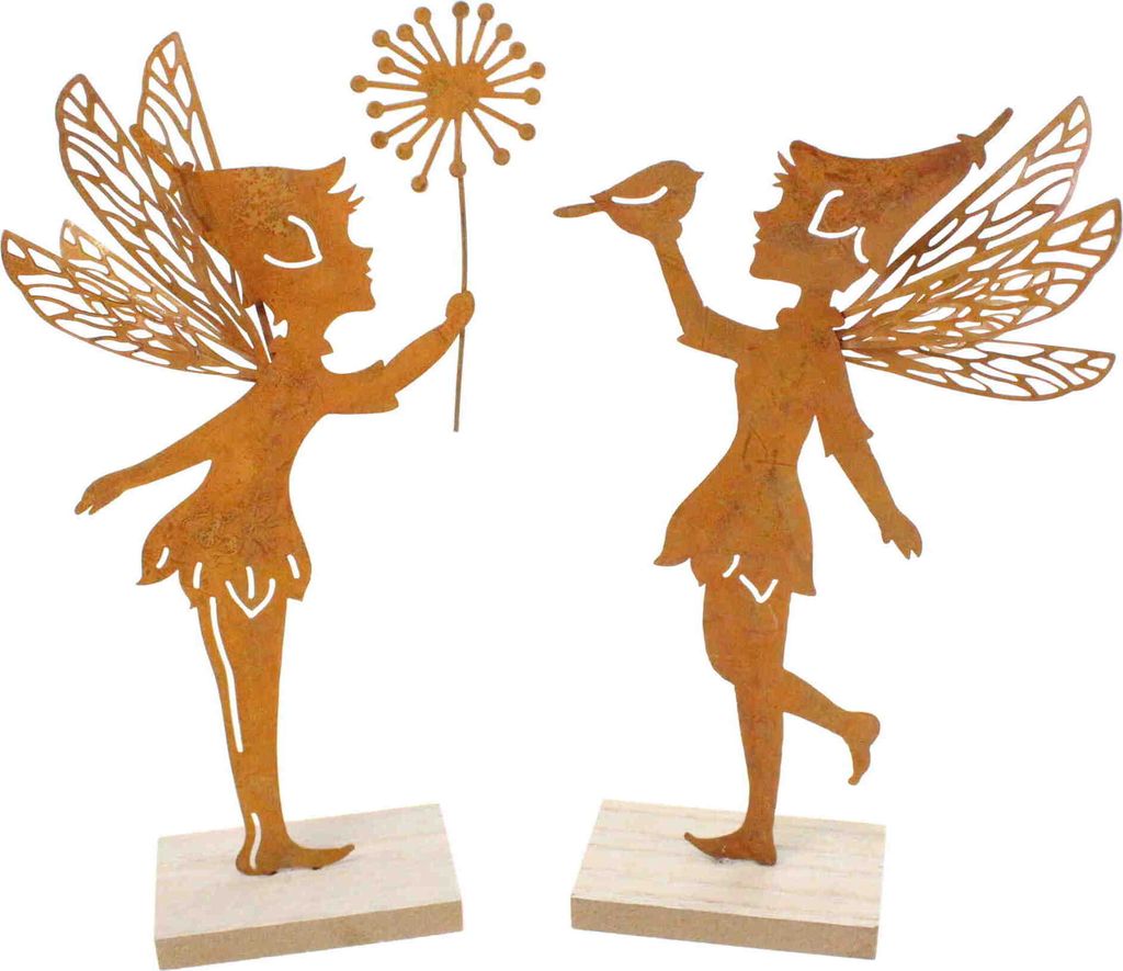 Set 2 Feen Elfen Metall rost auf Holz Aufsteller Figur mit Pusteblume Paar, Größe:18 x 12 x 4cm