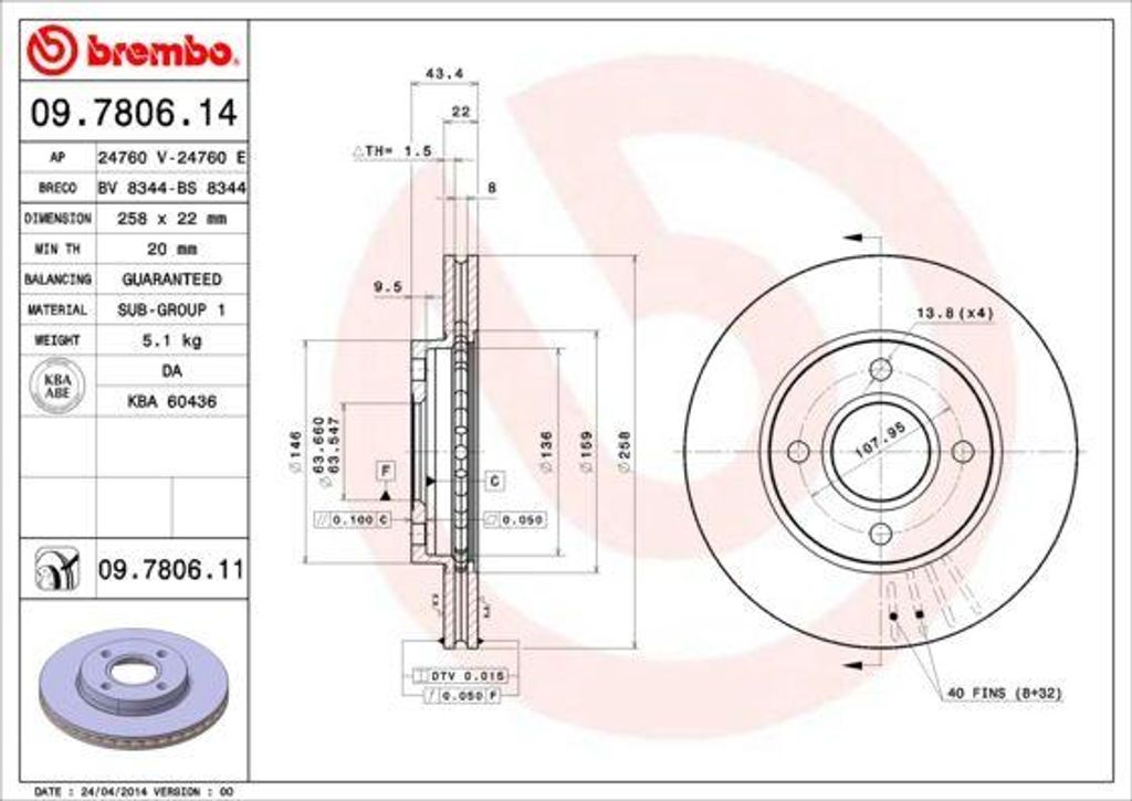 BREMBO 09.7806.11 Bremsscheibe OE 1148202 kompatibel mit 2, KA, Puma, Fusion, Focus, Fiesta
