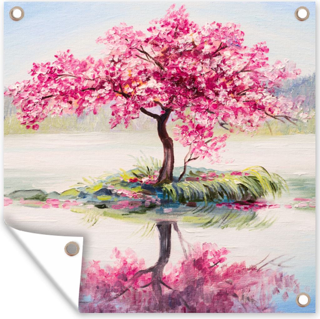 MuchoWow 100x100 cm Outdoor-Poster Gartendeko Sichtschutz Garten Poster für den Garten Gemälde - Blüte - Wasser - Ölgemälde