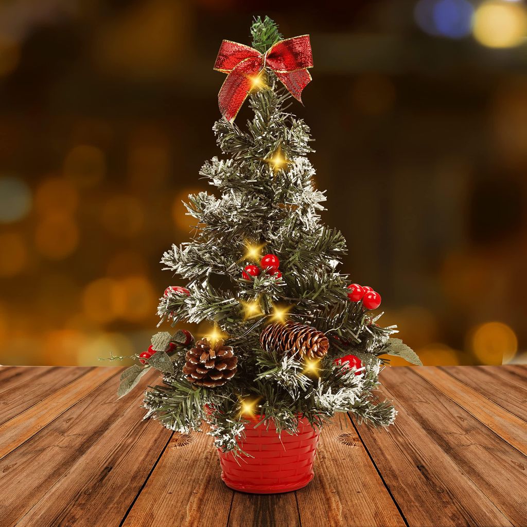 Belle Vous Künstliche Rote Mini Weihnachtsbaum Deko mit LED - 40cm - Mini Tannenbaum Dekoriert mit Beeren, Tannenzapfen & Schleifen für Haus, Tis...