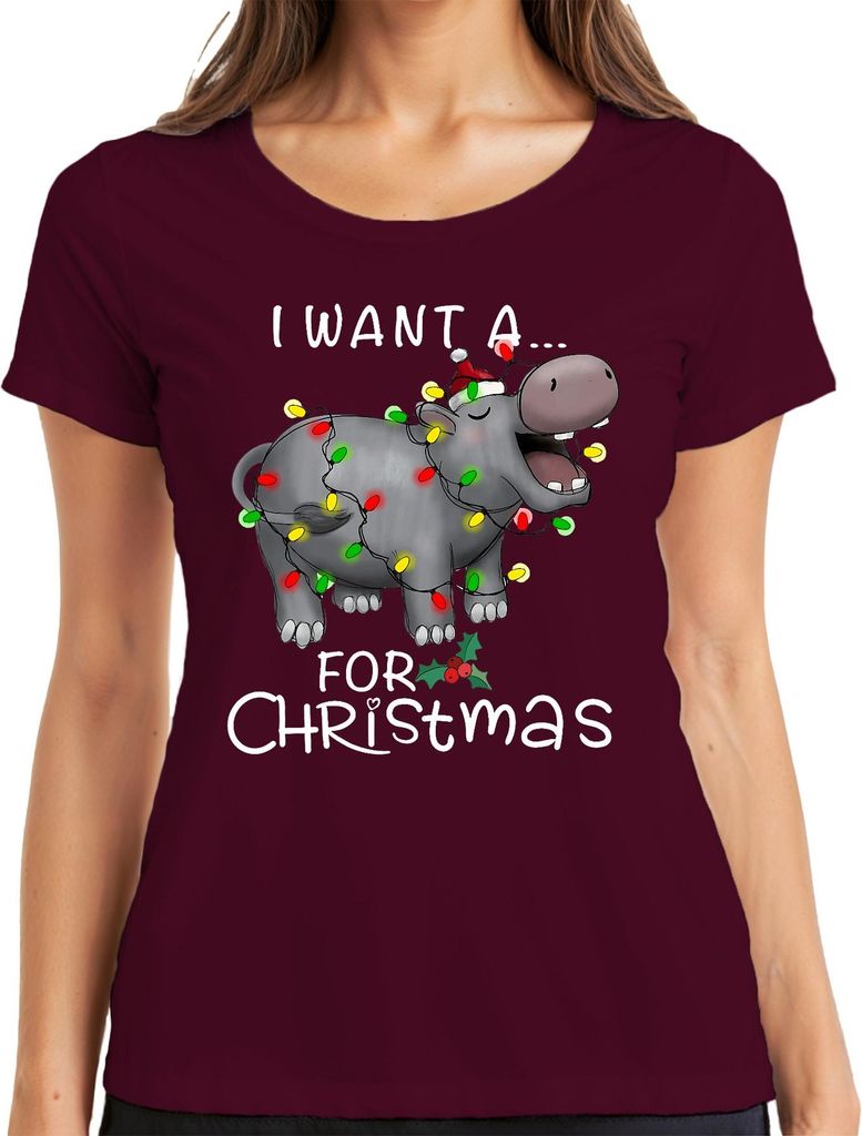 I Want A Hippo For Christmas Nilpferd Weihnachten Geschenk Lustig Damen T-Shirt, Burgundy, XL