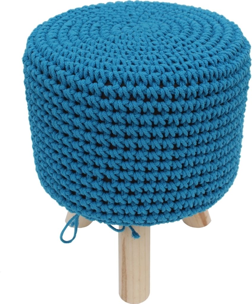 Sitzhocker Hellblau Holz Strickpolster Stoff Polster Hocker Sitzpouf Holzfuß