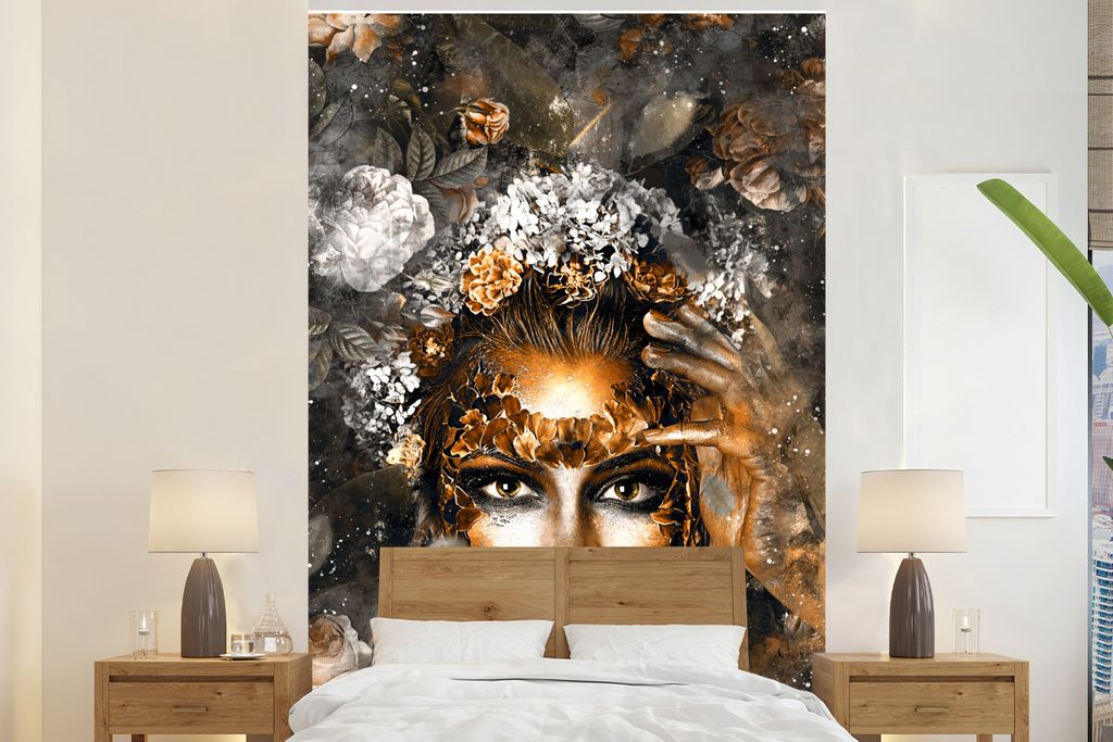 MuchoWow Fototapete für Wohnzimmer oder Schlafzimmer Wandtapete Vinyl Motivtapete Frauen - Blumen - Gold - 225x350 cm - Schlafzimmer tapete