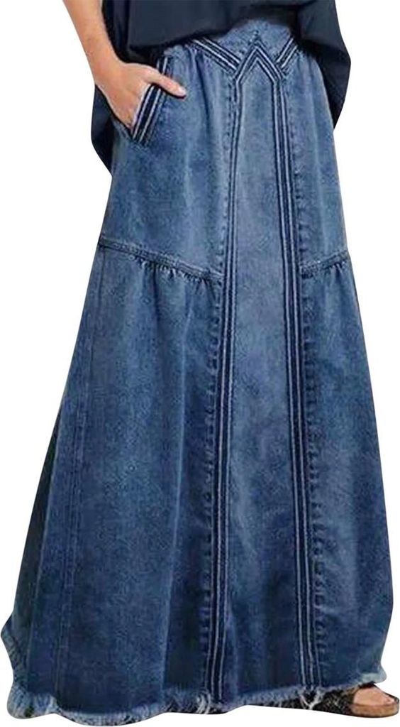 Lässiger, langer Maxi-Jeansrock für Damen mit elastischem Bund, ausgefranstem Saum, A-Linien-Schnitt und Used-Look im Hippie-Stil