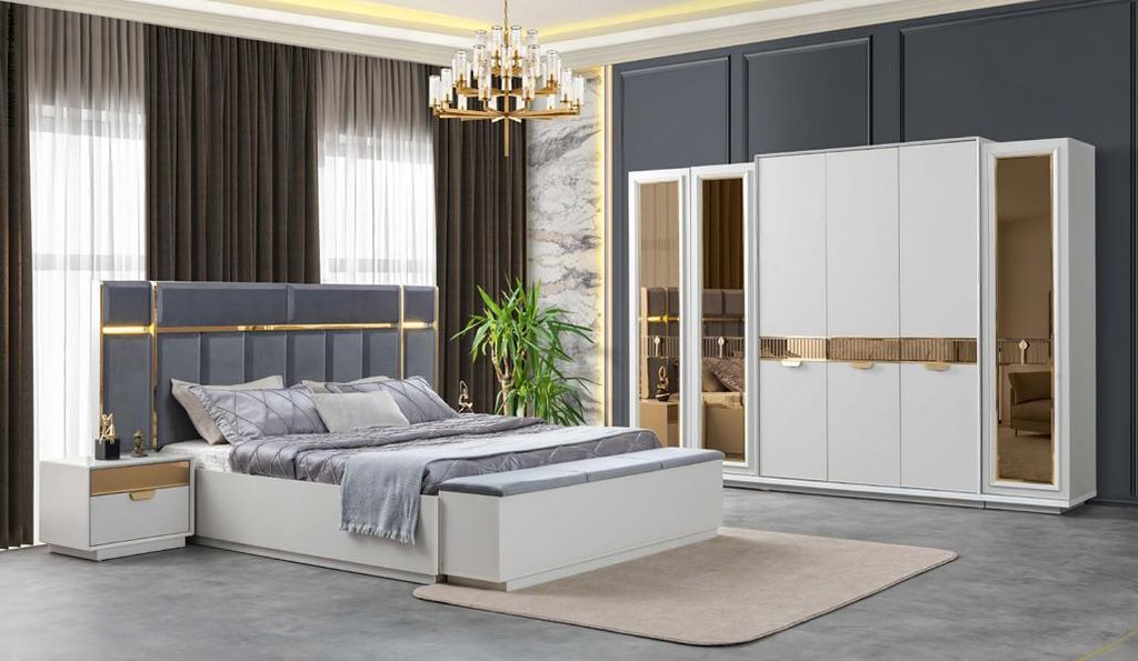 Bett Nachttische Kleiderschrank Verspiegelt Bank Weiß Gold Blau Edelstahl 5tlg