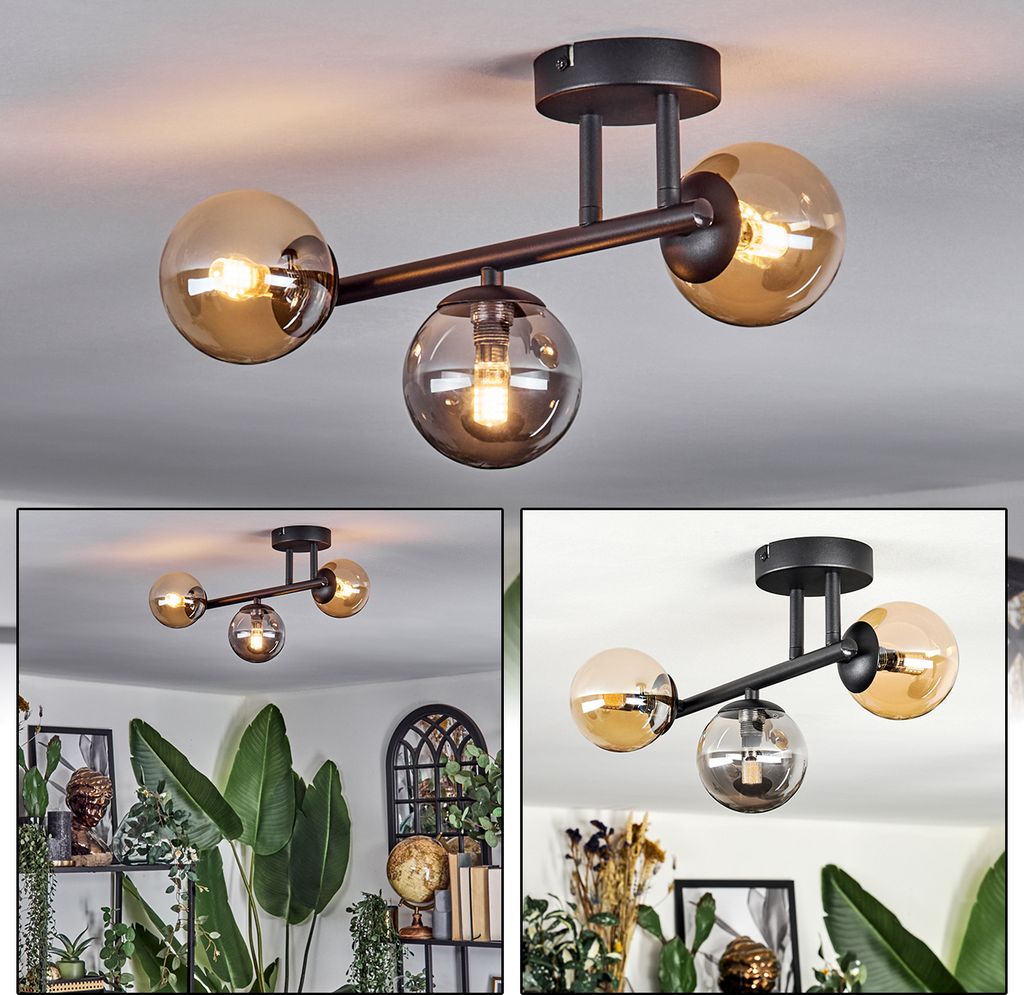 Isorella 3-flammige Deckenlampe aus Metall/Glas in Schwarz/Rauch/Bernstein