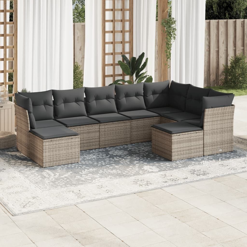 Design 9-tlg. Garten-Sofagarnitur mit Kissen Grau Poly Rattan, Gartenmöbel-Sets 2024 Neu