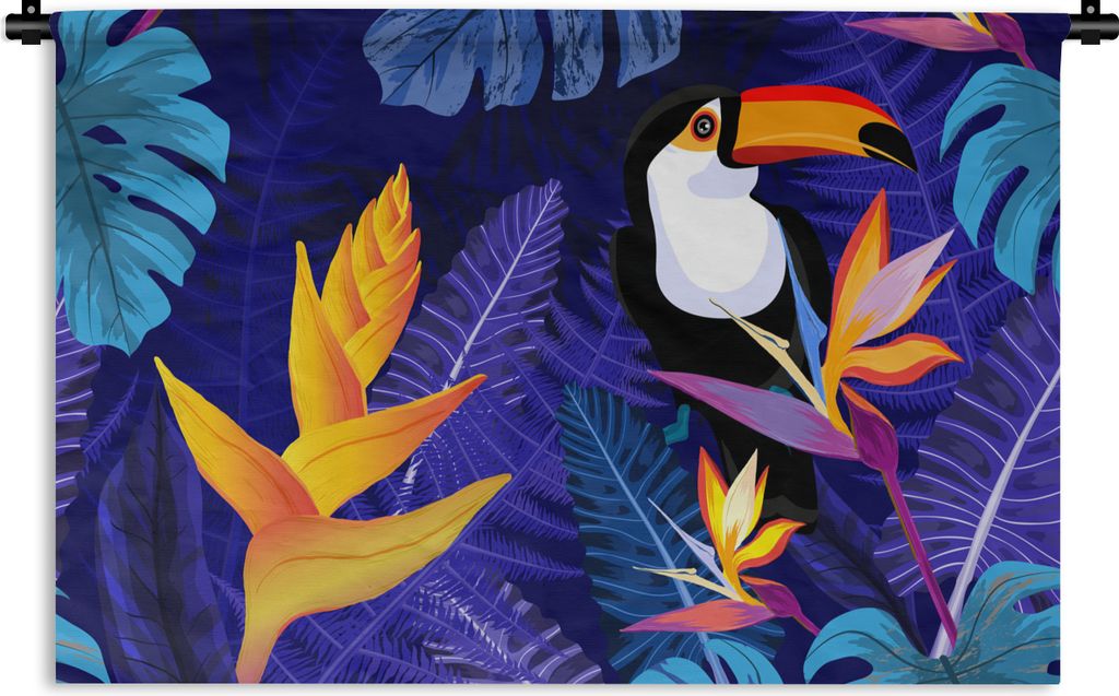 MuchoWow Wandteppich Wandbehang Dschungel - Tukan - Blumen - Pflanzen - Kinder - Lila - Tiere 150x100 cm Tapisserie Dekoration Wandtuch - Waschba...
