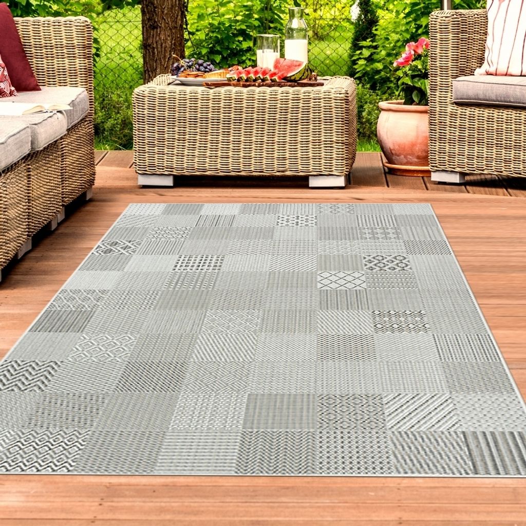Outdoorteppich Terrasse Wohnzimmer pflegeleicht wetterfest Fliesen Muster grau Größe - 160 x 230 cm