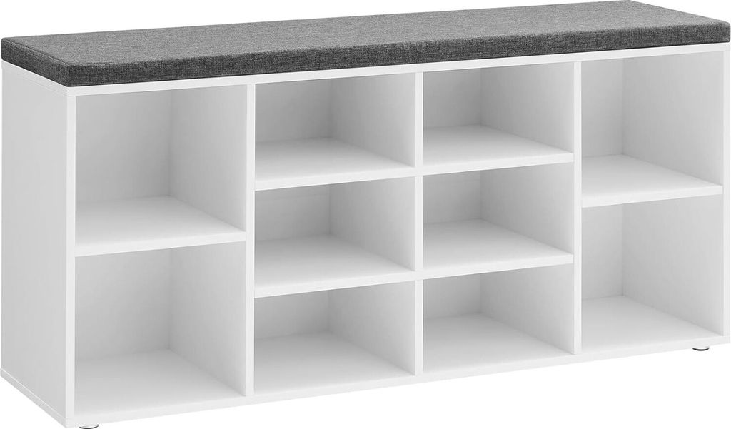 VASAGLE Schuhbank Schuhregal Schuhaufbewahrung Bank 10 Fächer mit Polsterung für Eingang Flur Schlafzimmer 104 x 30 x 48 cm Weiß