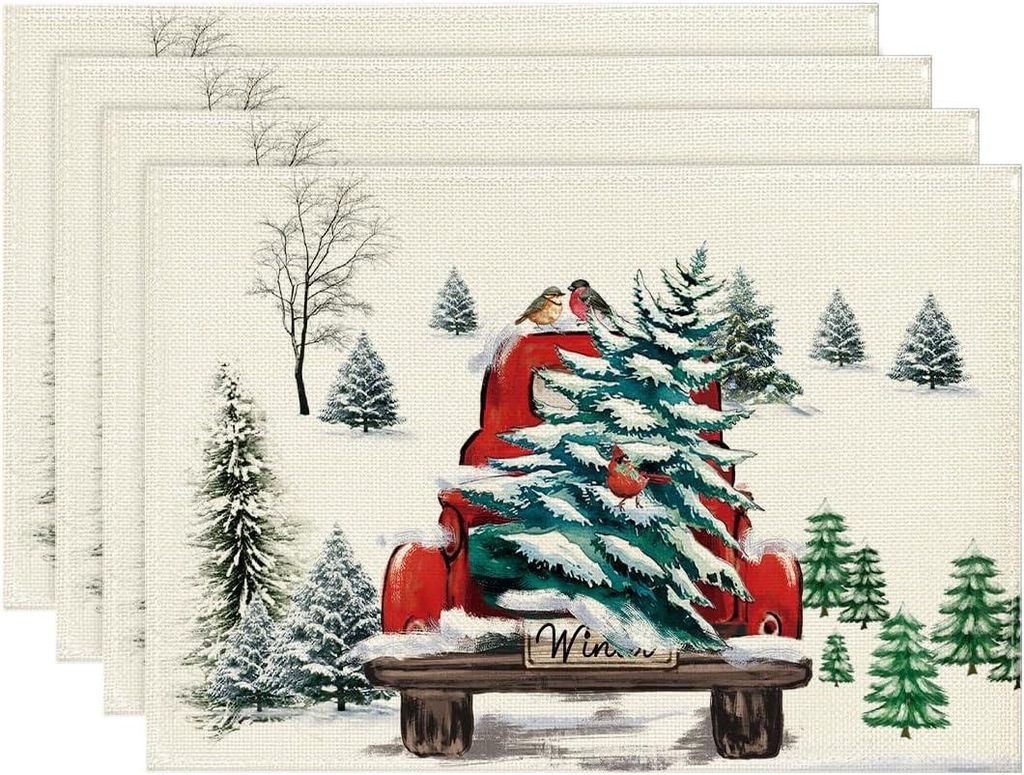 4er-Set weihnachtliche Platzsets, 30 x 45 cm, LKW- und Baummotiv, abwaschbar, Winterdekoration für Bankette, Feiertage und Küchen
