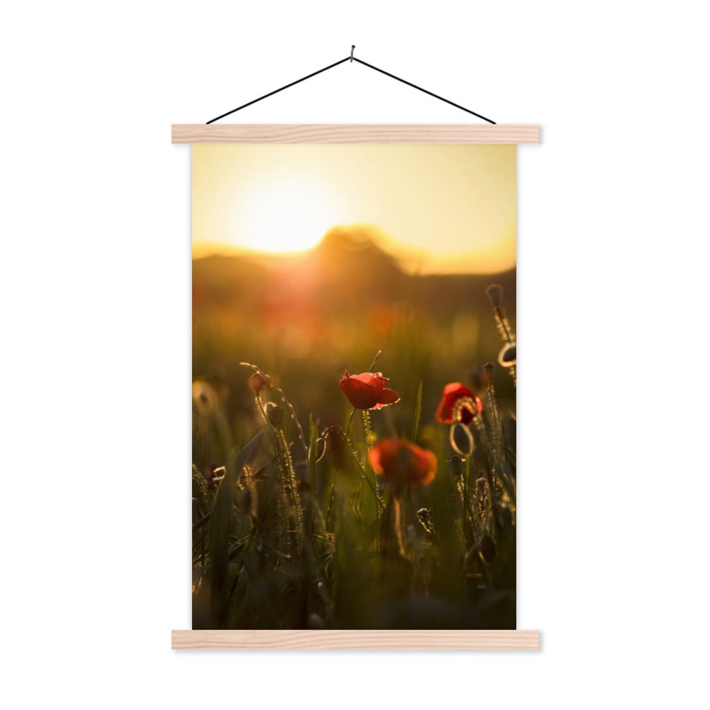 MuchoWow Textilposter Mohn - Sonnenuntergang - Gold 60x90 cm mit holzfarbenen Rahmen - Textil