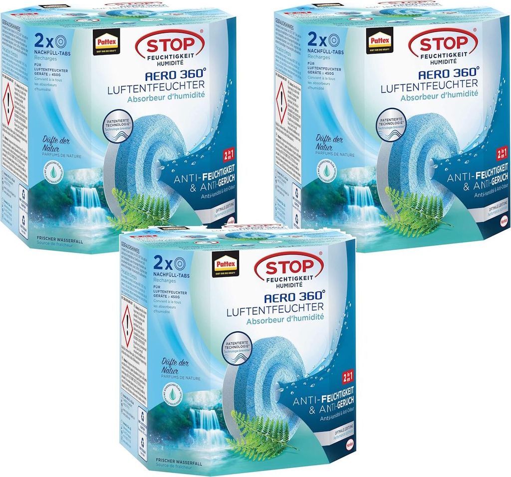 Pattex Luftentfeuchter Aero 360° Nachfülltabs Frischer Wasserfall, Faltschachtel, 3x 2 Stück