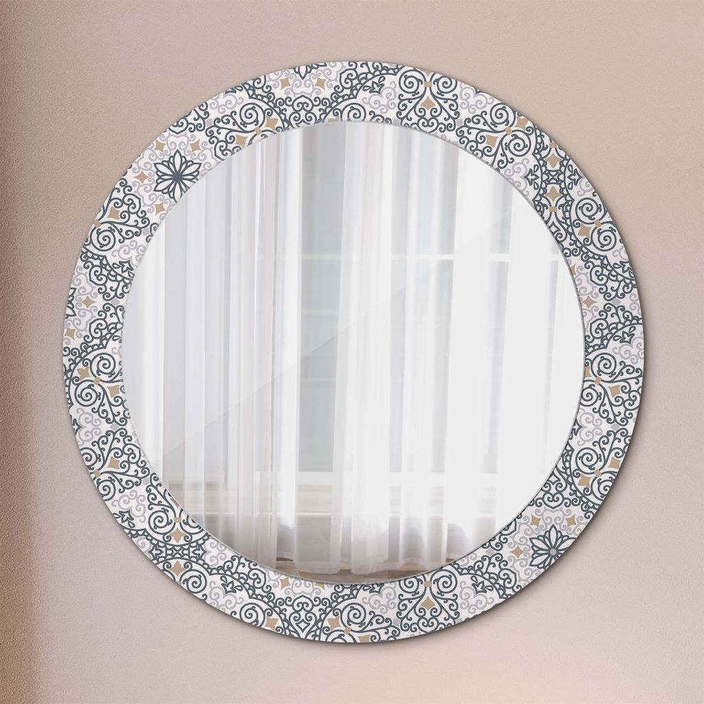 Ø70cm Spiegel - Glasrahmen mit Aufdruck - Wandspiegel Schlafzimmer - geometrisch Ornamente