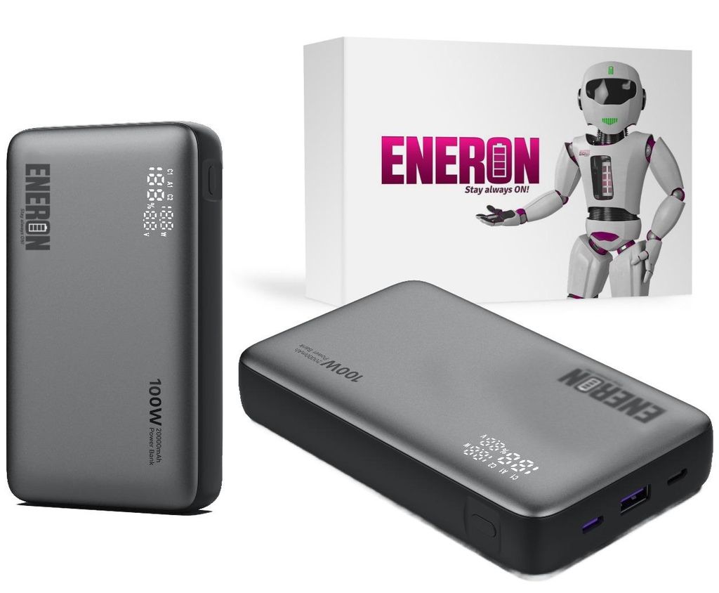 A product shot of a power bank and its packaging.