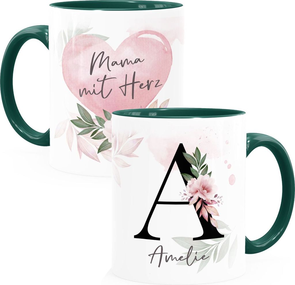 Kaffee-Tasse mit Name und Spruch mit Herz Initiale Monogramm Dankeschön personalisierte Geschenke SpecialMe Mama inner-grün Keramik-Tasse