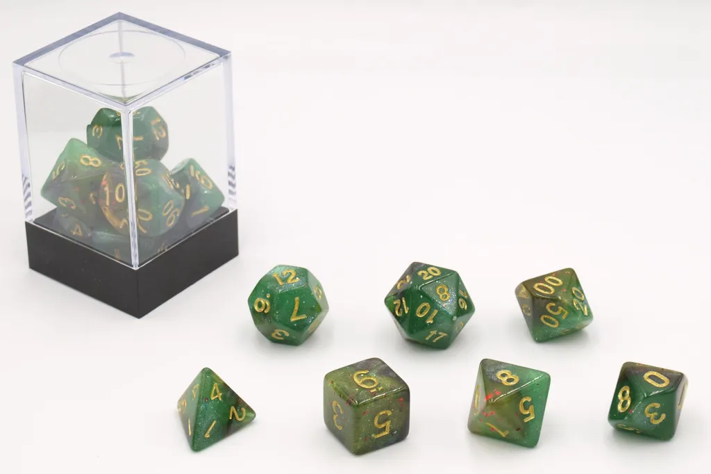 Jeu de 7 dés de rôle pour Donjons et Dragons - Stardust Vert Ambré