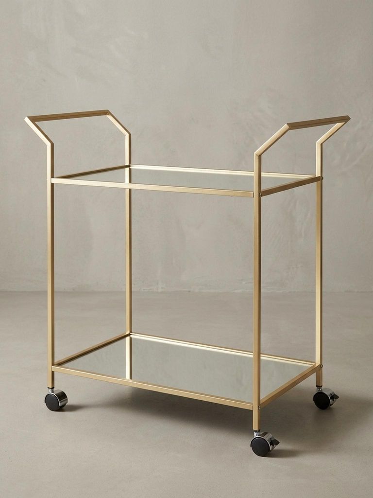Servierwagen in Gold, Beistelltisch, Rollen, Verspiegelte Ablageflächen. 73x37x78 cm | Kadima Design