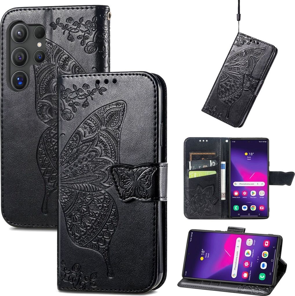 Für Samsung Galaxy S25 Ultra 5G Kunstleder Wallet Handy Tasche Schmetterling Design Hülle Etuis Schwarz