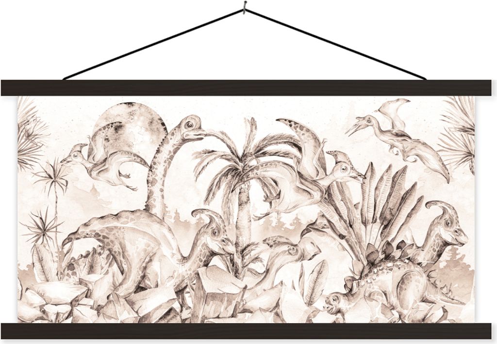 MuchoWow Textilposter Dino - Kinder - Dschungel - Pflanzen - Kinder 60x30 cm mit schwarzem Rahmen - Textilien