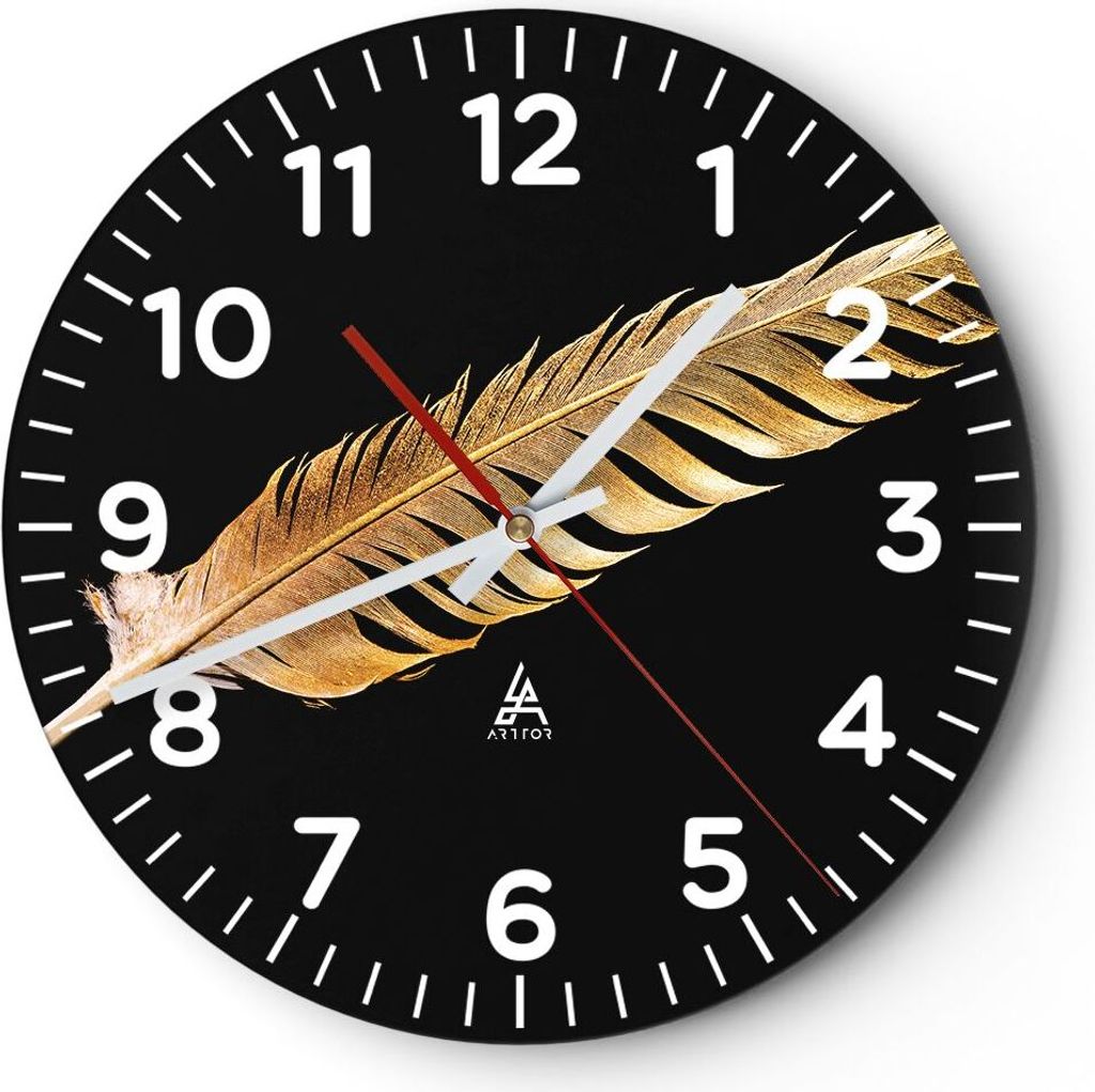 Wanduhr - Rund - Glasuhr - Golden Feder Schwarz - 30x30cm - Schleichendes Uhrwerk - Lautlos - zum Aufhängen bereit - Dekoration Modern - Wanddekor...