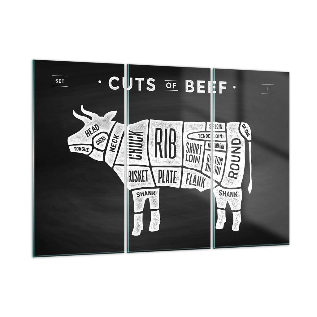 Bilder auf glas - Kuh Rindfleisch Kochen Grafik - 165x110cm - Glasbilder - Wandbilder - Kunstdruck - zum Aufhängen bereit - Wanddekoration aus Gla...