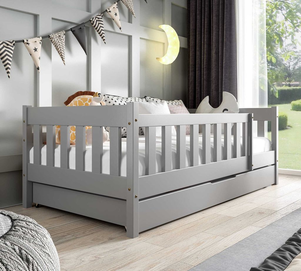 Kinderbett mit Matratze und Schublade 80 x 190 cm in Grau Holzbett, Einzelbett für Kinder ZOSIA