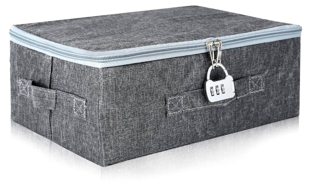 Aufbewahrungsbox mit Deckel aus Stoff, abschließbare Faltbox mit Griffen, Kiste mit Schloss, faltbare Stoffbox für Kleidung, Spielzeug, Bettwäsc...