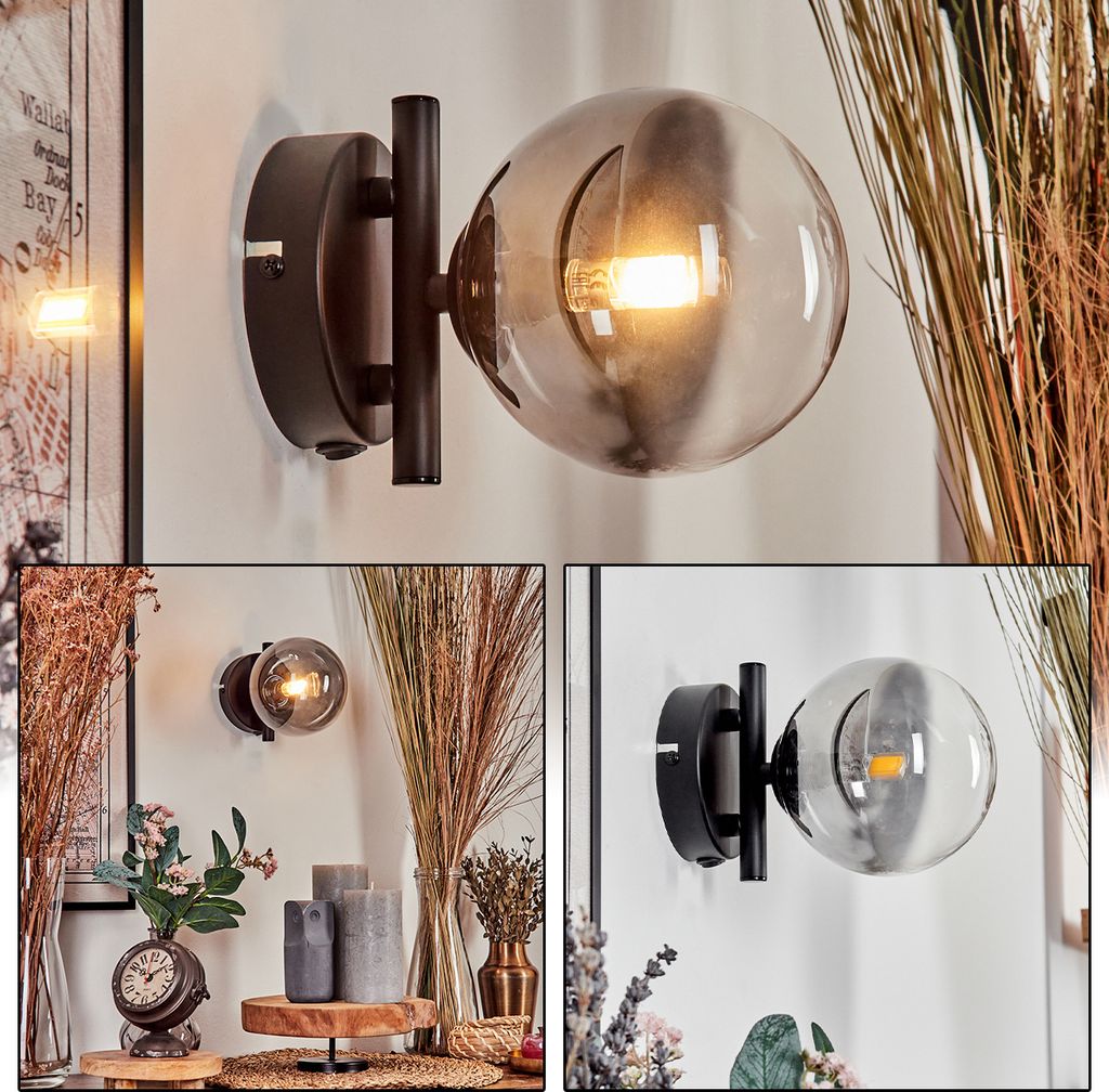 Isorella Wandlampe aus Metall/Glas in Schwarz/Rauchfarben/Klar