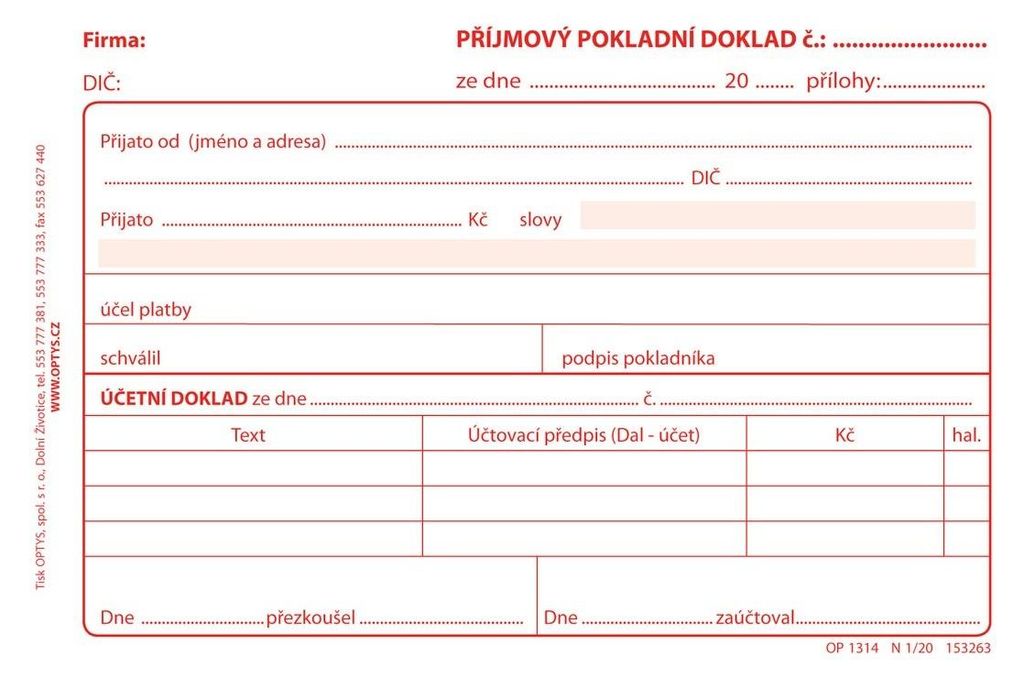 Tiskopis Příjmový pokladní doklad pro podvojné účetnictví Optys, A6, samopropisovací, 50 listů