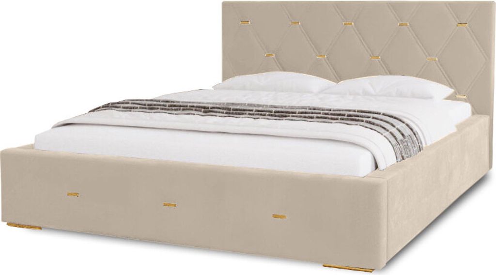 Polsterbett Golden Premium 120x200 cm, Bett mit Kopfteil, Doppelbett mit Bettkasten und Lattenrost aus Holz, Velourstoff: Beige