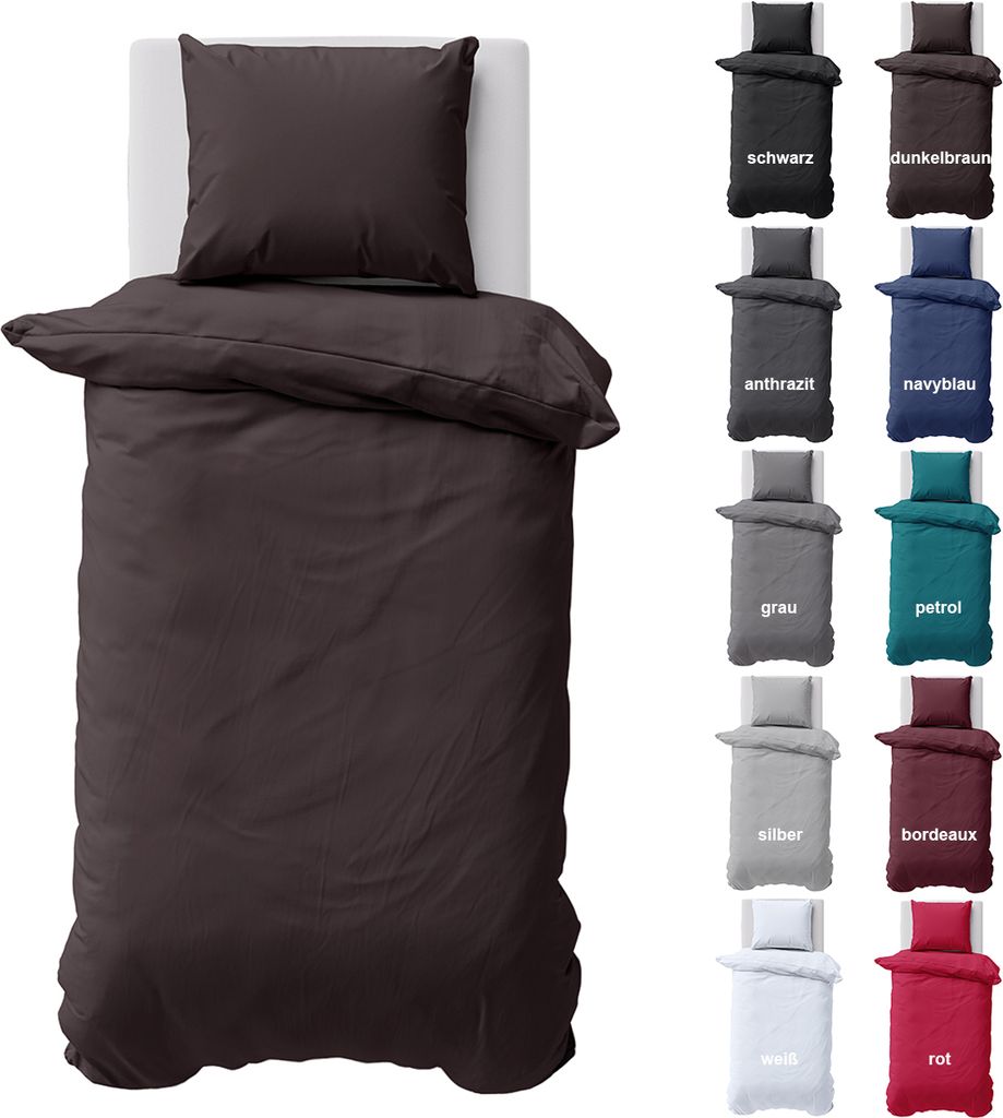Bettwäsche 155x220 cm Bettbezug 100%Baumwolle Renforce Einfarbig Bettgarnitur Set Braun 2 teilig